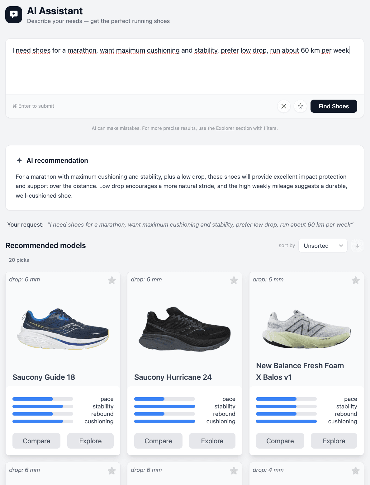 AI Assistant interface showing shoe recommendations with metrics